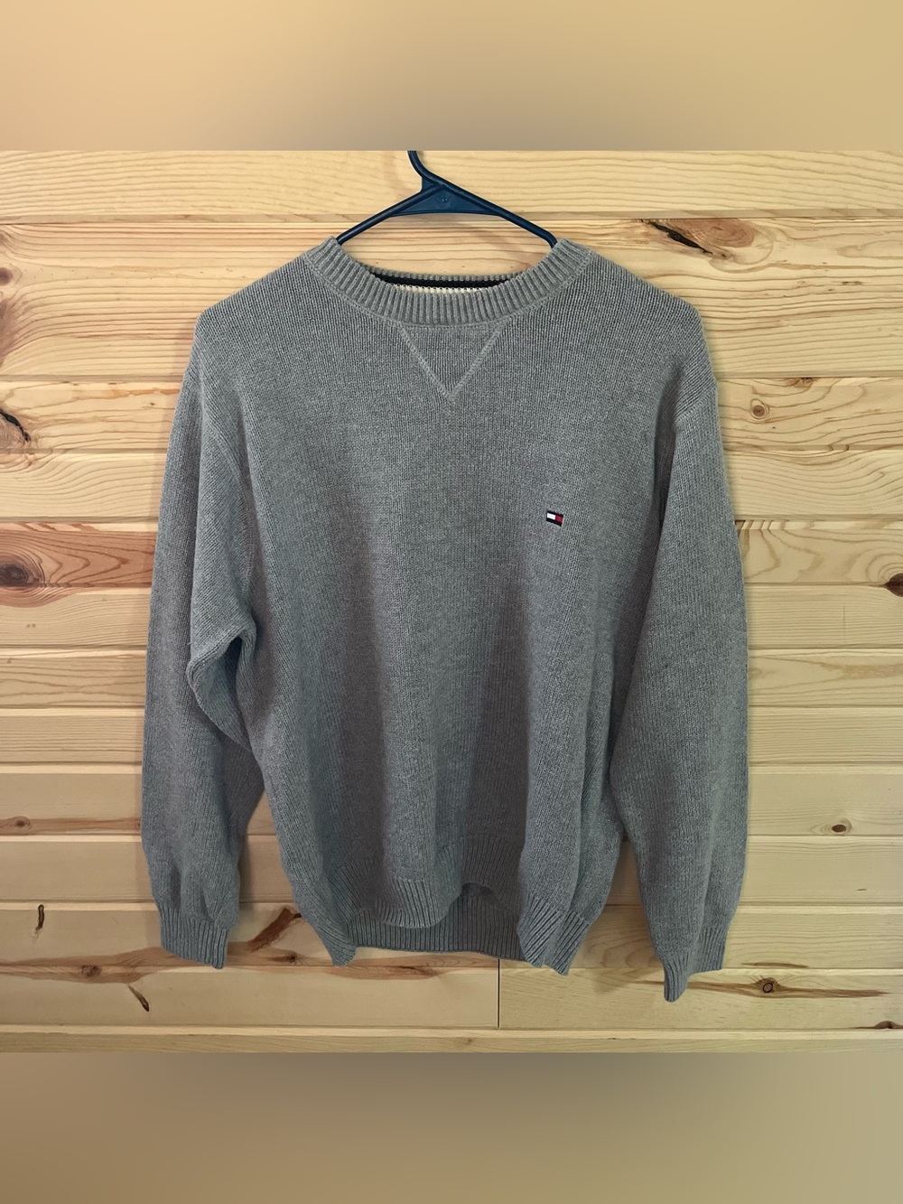 Vintage 90s Tommy Hilfiger Flag Logo Knit Sweater Mens Grey Cotton Crewneck